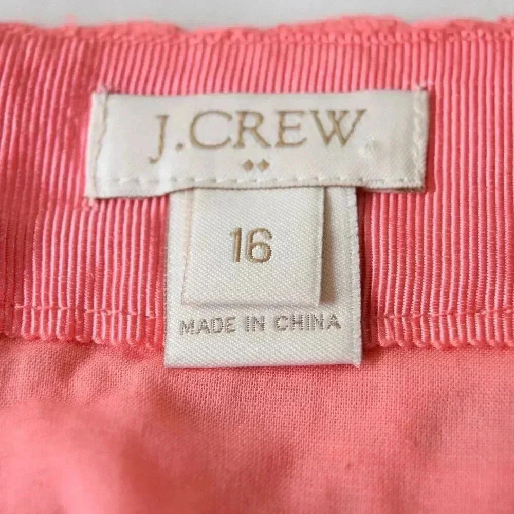 J.CREW 100% Cotton Skirt with Embroidered Oval Pattern in Coral Pink Size 16
